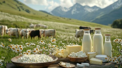 Wall Mural - In a tranquil countryside setting, bottles of fresh milk and bowls of cottage cheese are displayed