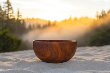 Poster - A dark brown wooden bowl sits on a sandy surface with a blurry sunset forest background.