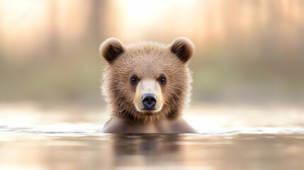 Wall Mural - Brown bear cub swimming, sunset forest background, wildlife photography