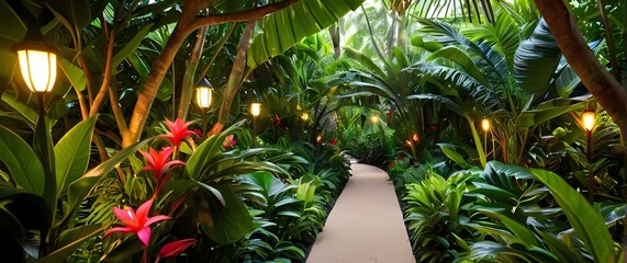 Wall Mural - An inviting path through tropical gardens filled with lush leaves flowers and the sounds of birds celebrating the beauty of biodiversity