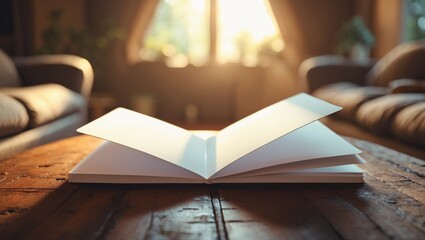 Poster - open book on a wooden table illuminated by warm sunlight in a cozy living room