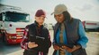 © VAKSMANV - Two women standing in middle of parking lot. Talking with each other. Looking at tablet device with information on display. Modern worker utilizing technology to stay connected and organized.