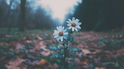 Canvas Print - Two Blossoming Daisies in the Foggy Forest Early Morning Serene Nature Outdoor Experience