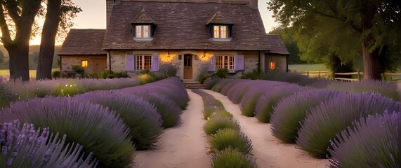 Wall Mural - Enchanting path lined with lavender flowers leading to a quaint country home showcasing the beauty of nature and hospitality