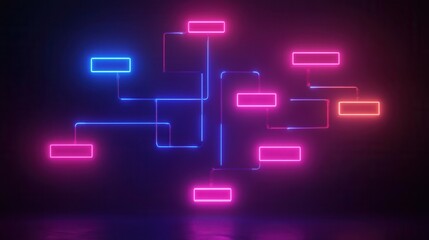 Poster - Neon Financial Flowchart, a vibrant and dynamic representation of financial processes illuminated with animated neon lights