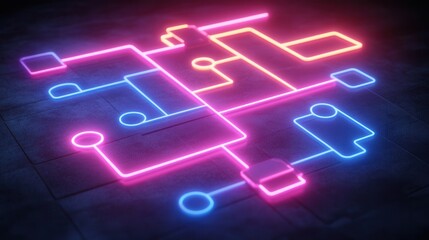 Poster - Neon Financial Flowchart, vibrant animated design showcasing dynamic financial processes with glowing elements and engaging visuals