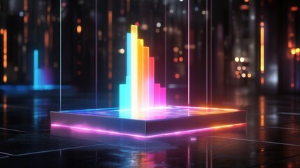 Poster - Futuristic holographic bar chart on advanced display, showcasing data visualization in a sleek, modern setting