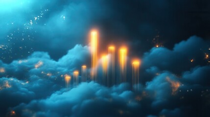 Poster - Glowing bar graph ascending through digital clouds, representing financial growth and prosperity, vibrant colors, modern design