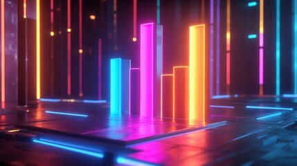 Poster - Neon-Illuminated Bar Graph on Futuristic Platform, vibrant data visualization, sleek design, cutting-edge technology, engaging and dynamic presentation