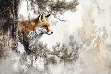 Wall Mural - A red fox peeks from behind a snow-covered tree in a winter forest, a tranquil scene.