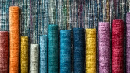 Poster - Colorful woven yarn bar graph on textured fabric background, vibrant design showcasing data in a creative textile-inspired format