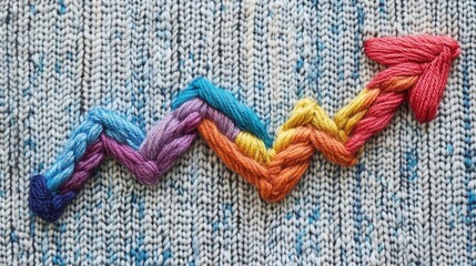 Poster - Colorful yarn arrow symbolizing financial growth on a textured knitted backdrop, vibrant and dynamic representation of prosperity and progress