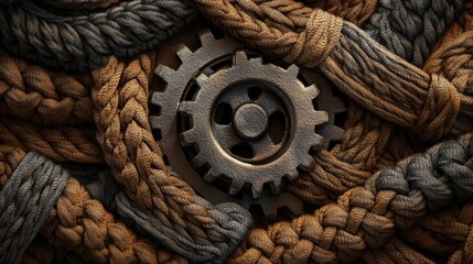 Poster - Textured yarn gear design, representing collaboration and efficiency, vibrant colors intertwining, symbolizing unity in productivity