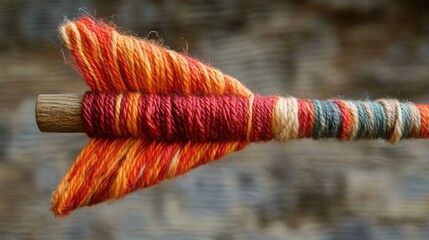 Poster - Woven arrow striking a colorful yarn target, showcasing a blend of craft and precision in a vibrant textile environment
