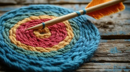 Poster - Woven Arrow Impact on Yarn Target, dynamic motion captured in vibrant texture and color, showcasing skill and creativity in craftsmanship