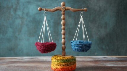 Poster - Yarn Crafted Financial Balance Scale, a unique artistic representation of balance and finance, showcasing intricate yarn and thread design elements
