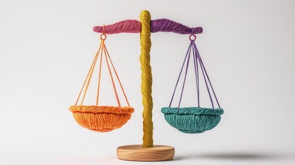 Poster - Yarn Crafted Balance Scale, a unique representation of financial equilibrium using colorful yarn and intricate thread work, showcasing creativity and craftsmanship