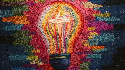 Poster - Vibrant yarn bulb design, a symbol of creativity and inspiration, intricately stitched, showcasing colorful threads and glowing energy