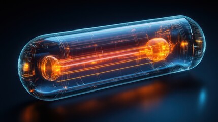 Fototapete - Abstract transparent glass capsule with emerald green and warm amber lines on a deep navy backgroundeaf310b9bfb1