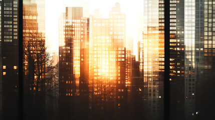 Poster - Urban Sunrise Radiance Through Buildings and Silhouette Trees in Cityscape Art Aesthetic
