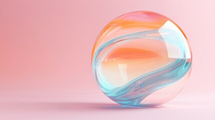 Fototapete - Abstract transparent glass globe with teal and orange lines on a pastel pink background, 3D rendering