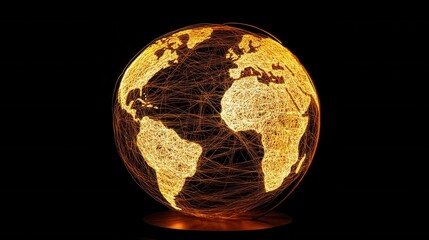 Poster - Illuminated yarn globe showcasing interconnected business regions with vibrant thread lines highlighting global connections