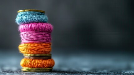 Poster - Yarn Coin Tower on Textured Surface, a vibrant arrangement of colorful yarn and shiny coins, showcasing creativity and texture interplay