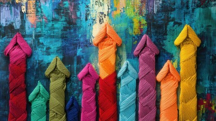 Poster - Textured business chart featuring arrows crafted from vibrant yarn threads, illustrating dynamic growth and creative strategy.
