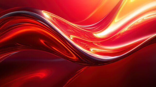 Abstract background iridescent chrome ribbon, 3D rendering illustration of futuristic abstract background with holographic lines and curved shapes on fiery red.