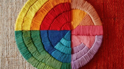Poster - Colorful yarn pie chart on a textured woven backdrop, showcasing intricate layers of craftsmanship and vibrant hues.