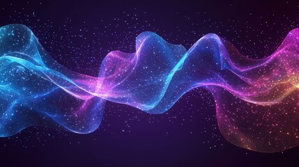 Fototapete - Abstract background iridescent crystal ribbon, 3D rendering illustration of futuristic abstract background with holographic lines and curved shapes on midnight purple.