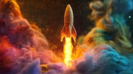 Wall Mural - Glowing yarn rocket soaring through a sky crafted from intricate textured threads, vibrant and imaginative scene full of whimsy
