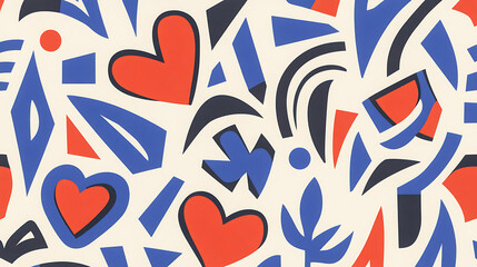 Poster - Vibrant Abstract Shapes Pattern Featuring Hearts Geometric Forms and Dynamic Color Palette in Seamless Design