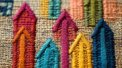 Poster - Textured fabric chart featuring stitched yarn-style arrows indicating upward and downward trends, vibrant colors, engaging design