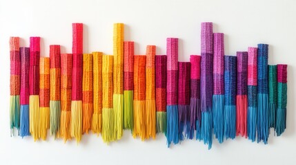 Poster - Vibrant Yarn Bar Graph, a creative representation of data using colorful yarn threads to illustrate values through texture and color.
