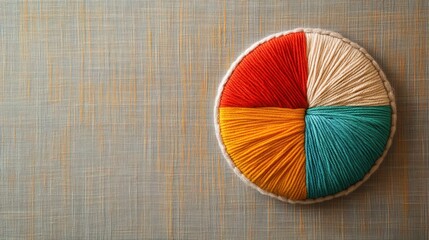Poster - Yarn-Stitched Minimalist Pie Chart on Soft Fabric Background, showcasing a unique blend of textile art and data visualization in a serene color palette.