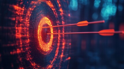 Poster - Glowing yarn target with finely woven arrows striking the bullseye, vibrant colors, intricate details, dynamic composition