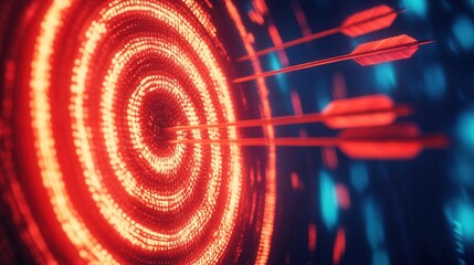 Poster - Yarn Target with Arrows, vibrant threads create a striking bullseye, showcasing precision and craftsmanship in a textile art form