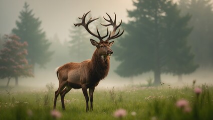 Poster - majestic stag standing in a misty meadow surrounded by tall trees during early morning hours in a se