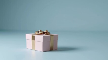 Poster - Luxurious pink gift box adorned with gold ribbon gently rotating against seamless light blue background, showcasing elegant packaging with minimalist design