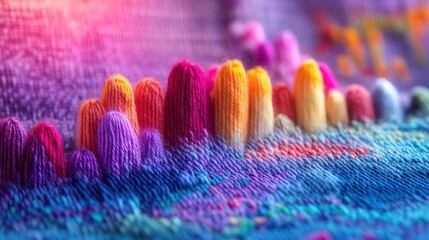 Poster - Vibrant yarn bar chart on a soft backdrop, showcasing data in a colorful and tactile manner, ideal for creative presentations.