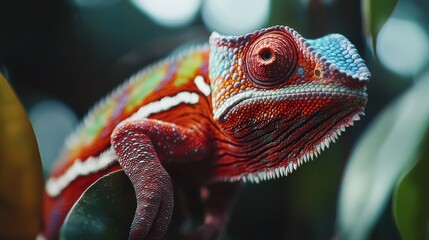 Wall Mural - Colorful chameleon perched on a leaf in a tropical rainforest setting during daylight