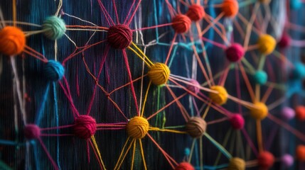 Poster - Textured hierarchy diagram with vibrant yarn connections, showcasing relationships in a visually engaging format, ideal for presentations or educational materials.