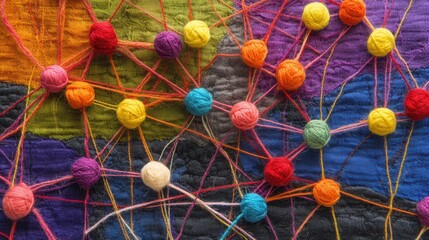 Poster - Textured hierarchy diagram woven with vibrant yarn connections, showcasing intricate relationships and structures in a visually engaging format