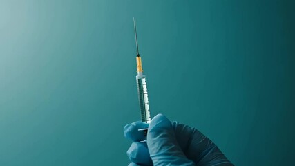 Aufkleber - Medical professional in blue nitrile gloves carefully handling vaccine syringe against clean teal background, showcasing precise healthcare preparation in slow motion