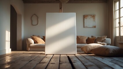 Poster - empty canvas awaits artistic creation in a cozy interior setting with warm natural light