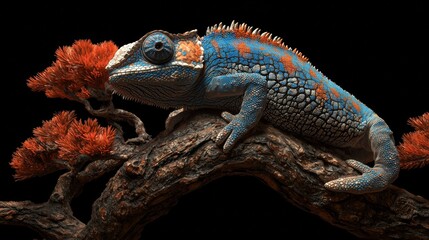 Wall Mural - Unique blue and orange lizard perched on a textured branch surrounded by vibrant flora in a dark setting