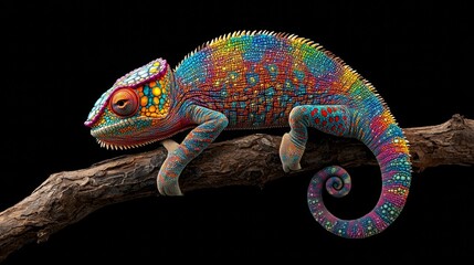 Colorful chameleon sculpture adorned with vibrant flowers resting on a branch