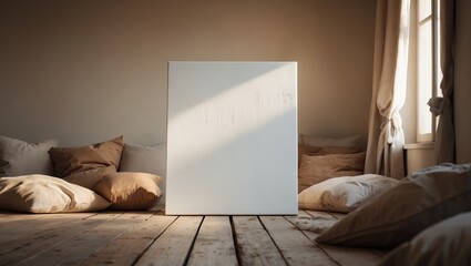 Poster - blank canvas stands in a sunlit room filled with soft cushions and a warm wooden floor creating a se
