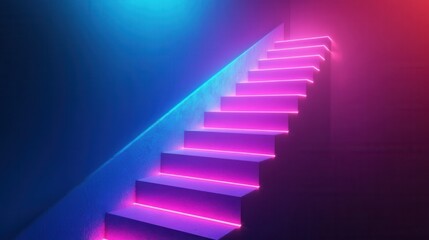 Poster - Neon Polygonal Financial Ladder, a vibrant and modern representation of financial growth and opportunity, illuminated with striking neon accents.